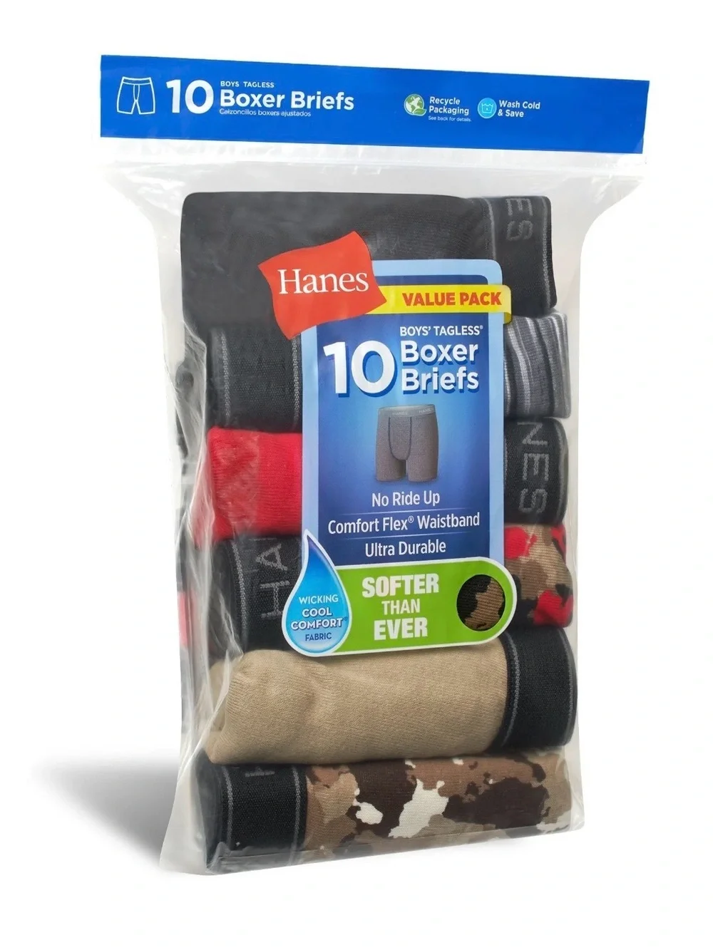 Hanes Boys' Comfort Flex Boxer Briefs Underwear Super Value Pack, 10-pack